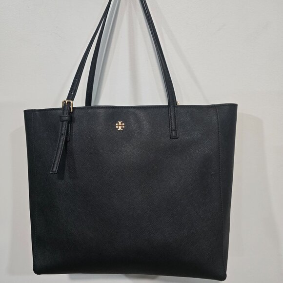 Tory Burch Handbags - Tory Burch Large Black Leather Emerson Tote w/Gold Tone Hardware & Logo - EUC
